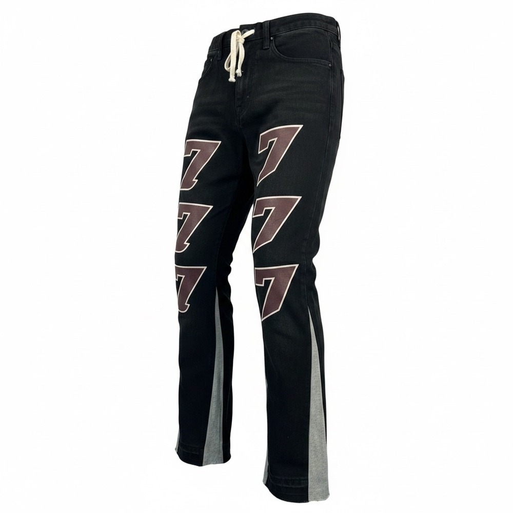 MNML Flare Fleece Contrast Denim Black Red Graphic 77 Jeans‎ Mens 28x32 NEW